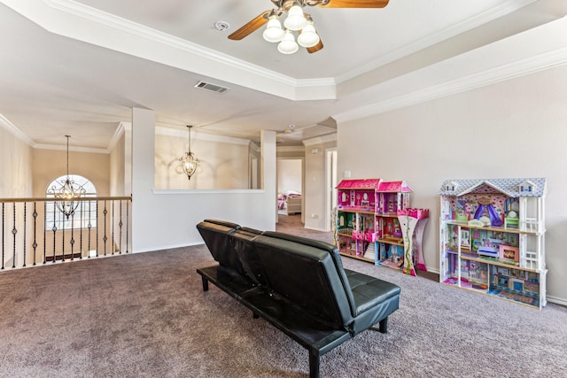 4745 Eagle Trace Dr, Fort Worth, TX 76244 - recreation room featuring carpet floors, ceiling fan, ornamental molding, a chandelier, and baseboards