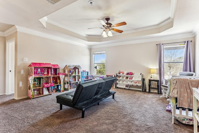 4745 Eagle Trace Dr, Fort Worth, TX 76244 - recreation room featuring a raised ceiling, carpet, a ceiling fan, and crown molding