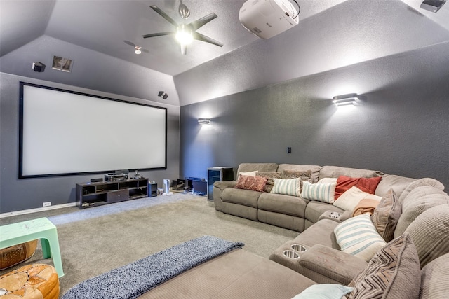1638 Sandia Ln, Frisco, TX 75033 - home theater with carpet, vaulted ceiling, and a ceiling fan
