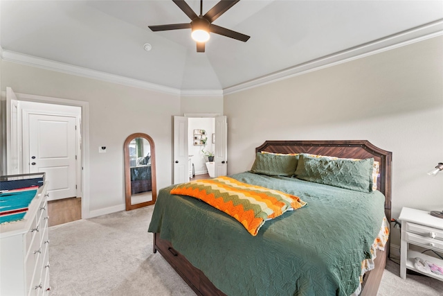 7423 Morning Glory Rd, Abilene, TX 79602 - bedroom featuring light colored carpet, a ceiling fan, ornamental molding, baseboards, and lofted ceiling