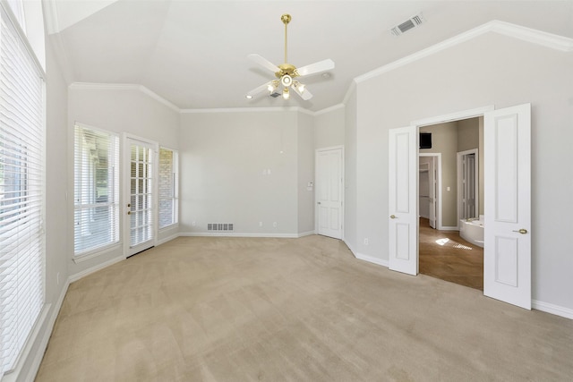 824 Parkwood Ct, Mckinney, TX 75072 - unfurnished bedroom with vaulted ceiling, light colored carpet, baseboards, crown molding, and ceiling fan