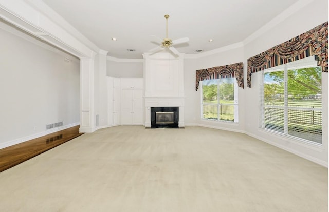 824 Parkwood Ct, Mckinney, TX 75072 - unfurnished living room featuring a fireplace with flush hearth, ceiling fan, light colored carpet, baseboards, and ornamental molding