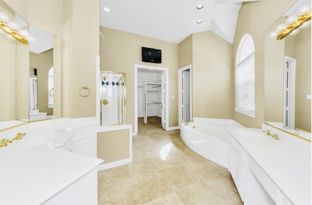 824 Parkwood Ct, Mckinney, TX 75072 - full bathroom with a stall shower, a garden tub, vanity, a walk in closet, and high vaulted ceiling