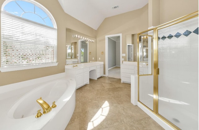 824 Parkwood Ct, Mckinney, TX 75072 - bathroom with a shower stall, a tub with jets, healthy amount of natural light, vanity, and lofted ceiling