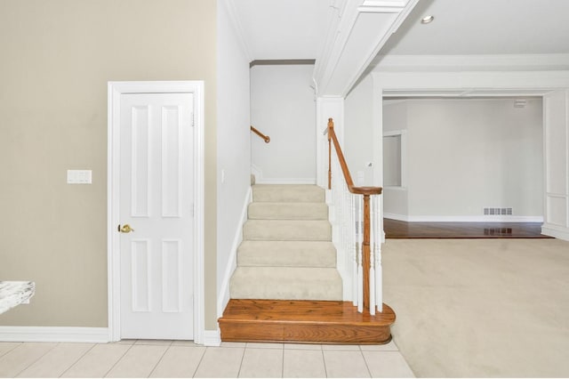 824 Parkwood Ct, Mckinney, TX 75072 - stairway featuring carpet flooring, baseboards, and crown molding