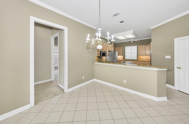 824 Parkwood Ct, Mckinney, TX 75072 - kitchen with stainless steel appliances, a chandelier, crown molding, decorative backsplash, and light stone countertops