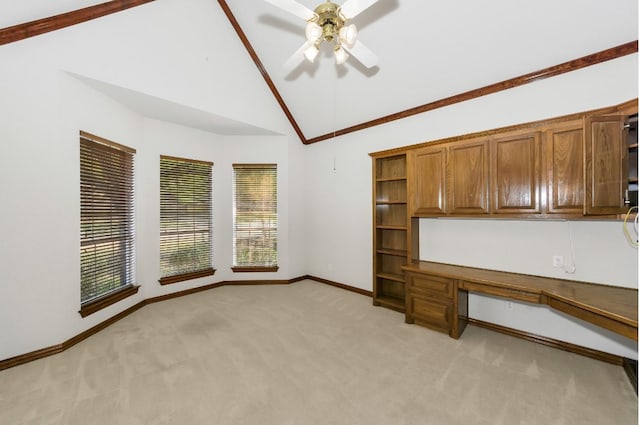 824 Parkwood Ct, Mckinney, TX 75072 - unfurnished office with built in study area, light colored carpet, a ceiling fan, baseboards, and high vaulted ceiling