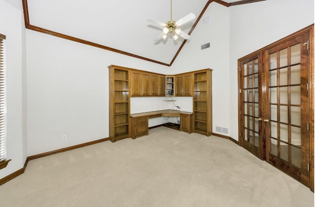 824 Parkwood Ct, Mckinney, TX 75072 - unfurnished office featuring built in desk, french doors, light carpet, baseboards, and high vaulted ceiling