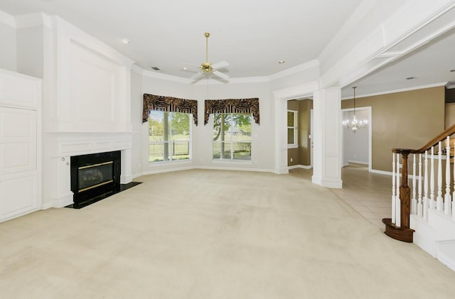 824 Parkwood Ct, Mckinney, TX 75072 - unfurnished living room with light colored carpet, stairs, a chandelier, a premium fireplace, and a ceiling fan