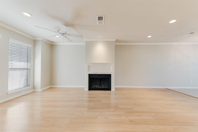 unfurnished living room featuring a ceiling fan, recessed lighting, light wood-style floors, a fireplace, and baseboards