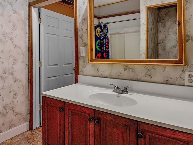 281 Seminole Dr, Gordonville, TX 76245 - full bathroom with baseboards, curtained shower, vanity, and wallpapered walls