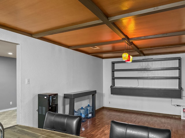 281 Seminole Dr, Gordonville, TX 76245 - living room with coffered ceiling, wood finished floors, baseboards, and beam ceiling