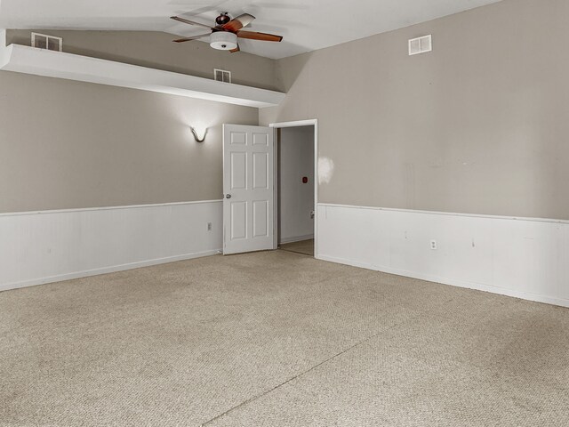 281 Seminole Dr, Gordonville, TX 76245 - unfurnished room with visible vents, ceiling fan, carpet floors, and lofted ceiling