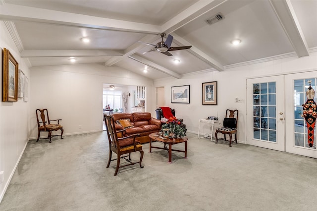 7261 Ashington Dr, Dallas, TX 75225 - living room with ceiling fan, light carpet, french doors, and baseboards