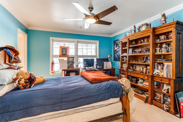 7261 Ashington Dr, Dallas, TX 75225 - carpeted bedroom featuring ornamental molding and ceiling fan