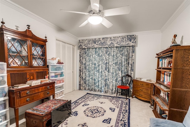 7261 Ashington Dr, Dallas, TX 75225 - office area featuring carpet floors, ceiling fan, and ornamental molding