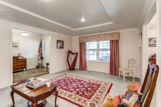 7261 Ashington Dr, Dallas, TX 75225 - living area with a tray ceiling, carpet, baseboards, and ornamental molding