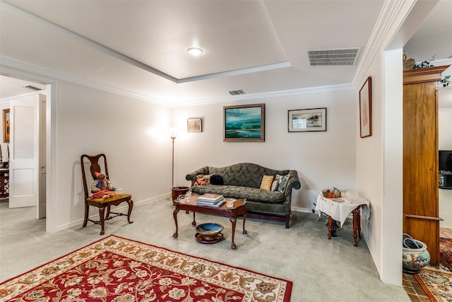7261 Ashington Dr, Dallas, TX 75225 - carpeted living room with a raised ceiling, baseboards, and ornamental molding