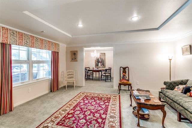 7261 Ashington Dr, Dallas, TX 75225 - living area featuring a raised ceiling, a chandelier, ornamental molding, light colored carpet, and baseboards