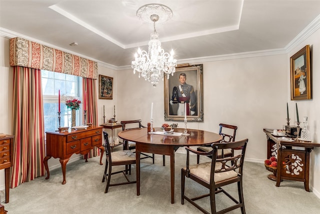 7261 Ashington Dr, Dallas, TX 75225 - dining room with a raised ceiling, light colored carpet, a chandelier, ornamental molding, and baseboards
