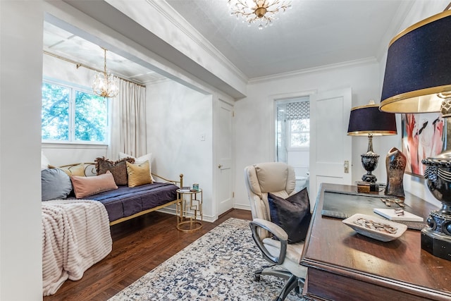 4661 Mockingbird Ln, Highland Park, TX 75209 - office featuring a chandelier, wood finished floors, and ornamental molding