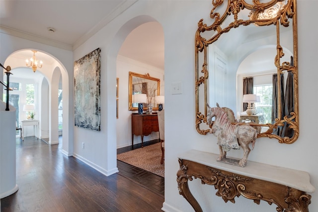 4661 Mockingbird Ln, Highland Park, TX 75209 - hall with arched walkways, plenty of natural light, crown molding, baseboards, and parquet floors