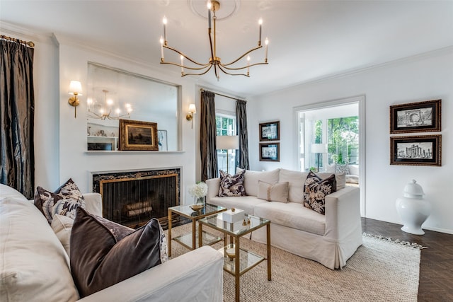 4661 Mockingbird Ln, Highland Park, TX 75209 - living area with a chandelier, crown molding, and a premium fireplace