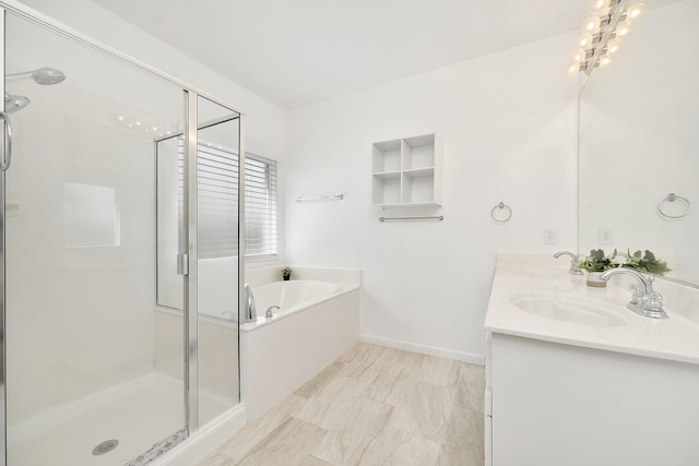 full bath featuring a sink, a bath, double vanity, and a stall shower