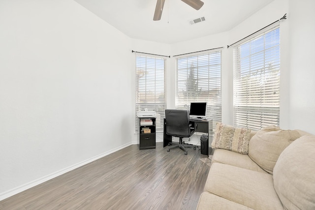 home office featuring visible vents, baseboards, wood finished floors, and a healthy amount of sunlight