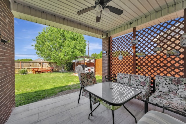 view of patio / terrace with ceiling fan, a fenced backyard, and outdoor dining area