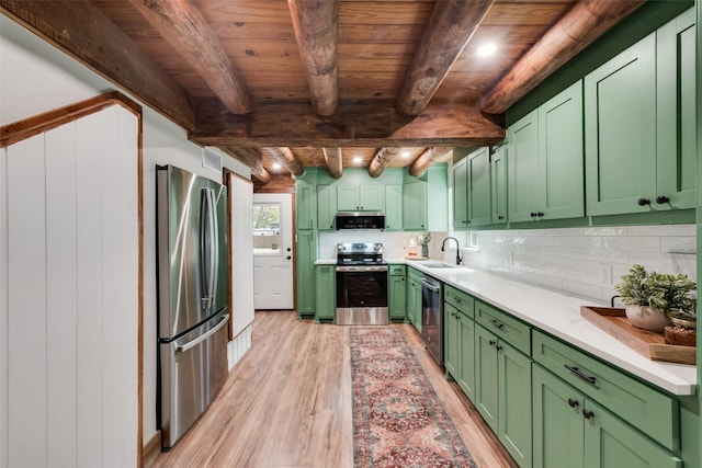 kitchen with light wood-style floors, a sink, stainless steel appliances, extractor fan, and green cabinetry