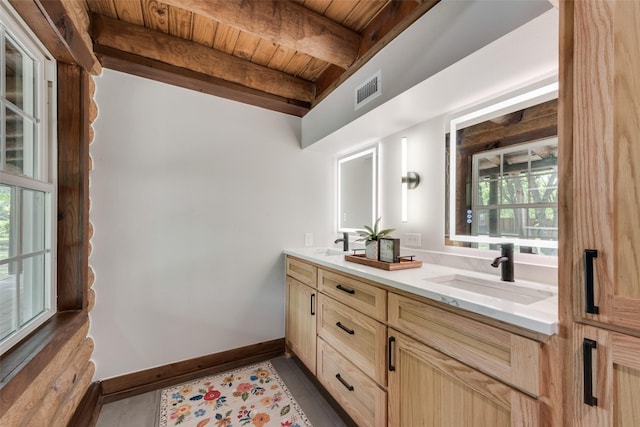 full bath with beamed ceiling, visible vents, wood ceiling, and a sink