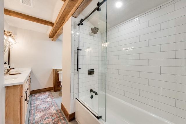 full bathroom with vanity, visible vents, enclosed tub / shower combo, baseboards, and beam ceiling