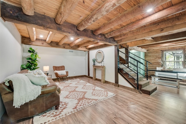 interior space with visible vents, wooden ceiling, beam ceiling, stairway, and wood finished floors