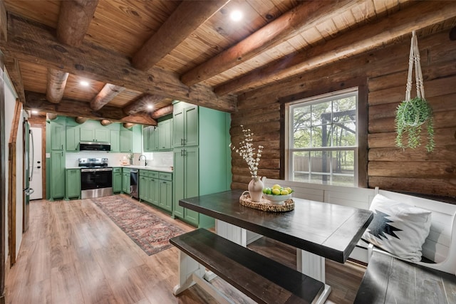 kitchen featuring green cabinets, log walls, wooden ceiling, and stainless steel appliances