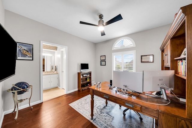 1409 Thames Dr, Plano, TX 75075 - office space with ceiling fan, wood finished floors, and baseboards