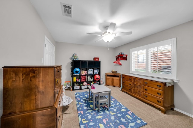 1409 Thames Dr, Plano, TX 75075 - bedroom with visible vents, baseboards, a ceiling fan, and light carpet