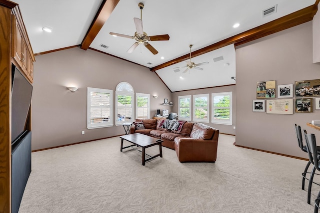 1409 Thames Dr, Plano, TX 75075 - living area with visible vents, a ceiling fan, light colored carpet, and lofted ceiling with beams