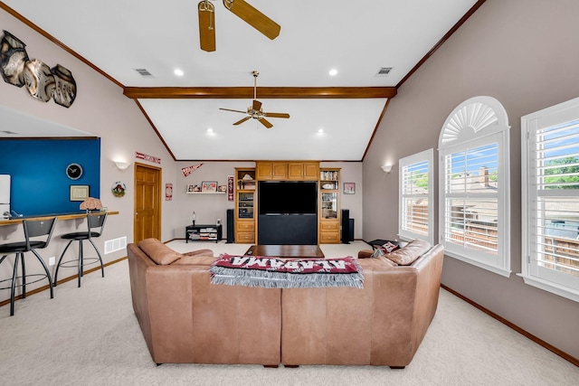 1409 Thames Dr, Plano, TX 75075 - living room featuring visible vents, lofted ceiling with beams, light colored carpet, and ceiling fan