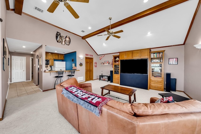 1409 Thames Dr, Plano, TX 75075 - living area featuring light carpet, a ceiling fan, and visible vents