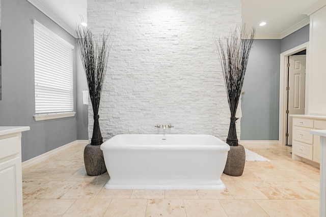 5 Cypress Ct, Heath, TX 75032 - full bathroom with a freestanding bath, vanity, ornamental molding, baseboards, and recessed lighting