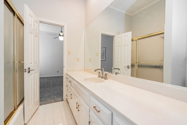 5 Cypress Ct, Heath, TX 75032 - full bathroom with crown molding, vanity, tile patterned floors, and ceiling fan