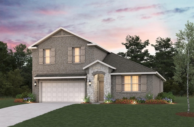 3209 Riverlawn Dr, Anna, TX 75409 - view of front facade with driveway, stone siding, brick siding, a garage, and a yard