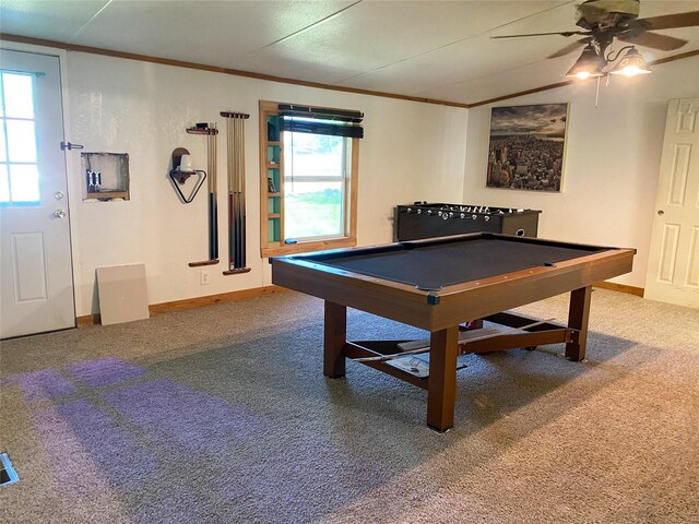 playroom featuring crown molding, pool table, a ceiling fan, carpet flooring, and baseboards