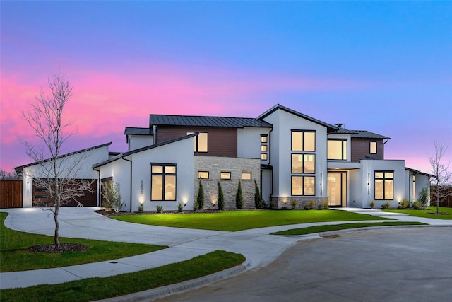 1284 Sunshine Ln, Southlake, TX 76092 - contemporary house featuring a yard, curved driveway, stone siding, and stucco siding