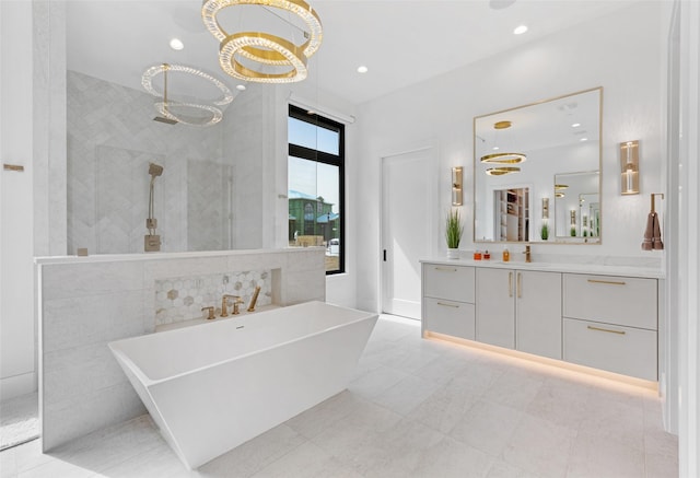 1284 Sunshine Ln, Southlake, TX 76092 - full bathroom featuring a soaking tub, a walk in shower, vanity, and recessed lighting