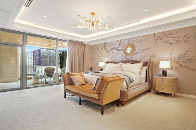 carpeted bedroom featuring wallpapered walls, access to exterior, a notable chandelier, and a raised ceiling