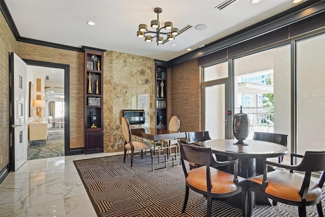 dining area featuring recessed lighting, a notable chandelier, crown molding, marble finish floor, and visible vents
