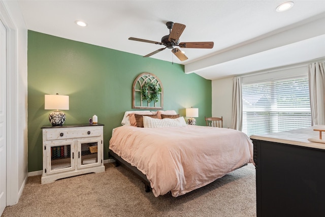 bedroom featuring baseboards, recessed lighting, light colored carpet, and a ceiling fan