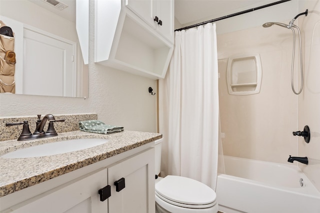 full bath featuring visible vents, toilet, shower / tub combo, and vanity